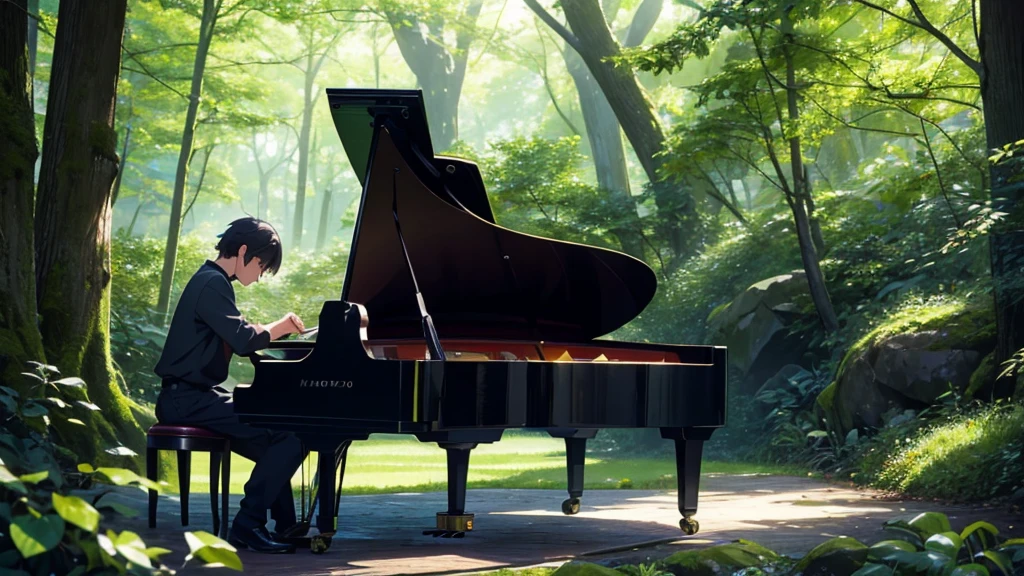 青い紅葉のwoodの下置かれた黒いグランドピアノ、wood々の間からwood漏れ日がキラキラしている、Makoto Shinkai-style anime touch、Deep green forest、1 grand piano