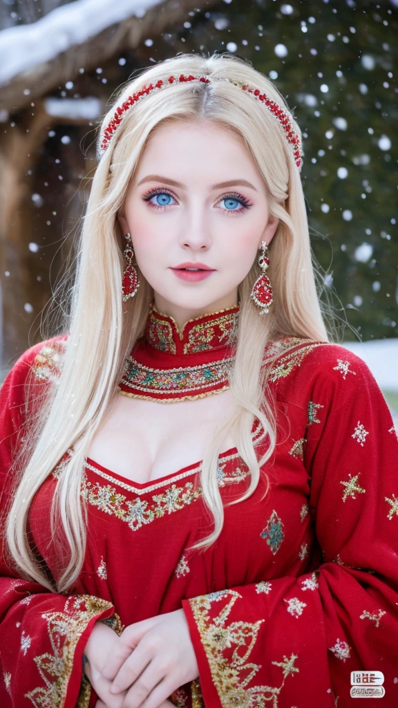 Beautiful girl, blue eyes, long curly white hair witg, detailed facial traits, beautiful earrings, national red turkic female dress (Chuvash), naked breasts, yurta behind, it's snowing, sexy pose