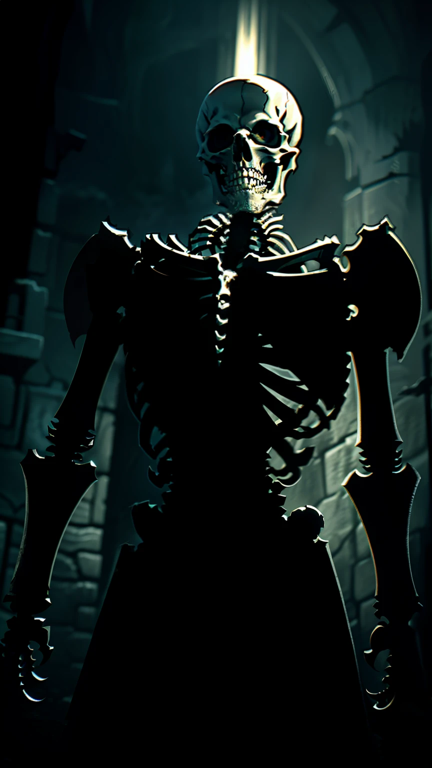 a detailed dungeon skeleton, detailed skeleton, highly detailed 3d model, intricate skeletal structure, grotesque undead creature, twisted and deformed bones, ominous dark atmosphere, dynamic lighting, photorealistic, 8k, ultra-detailed, cinematic composition, chiaroscuro lighting, moody colors, dramatic shadows, supernatural horror elements, gritty textures, realistic anatomy, masterpiece