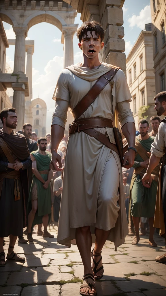 Stephen, young Christian martyr, ancient Greece, simple tunic, city square, Stephen being stoned by an angry mob, stone buildings and shocked onlookers in the background, medium shot, hyper-realistic, photo realism, cinematography