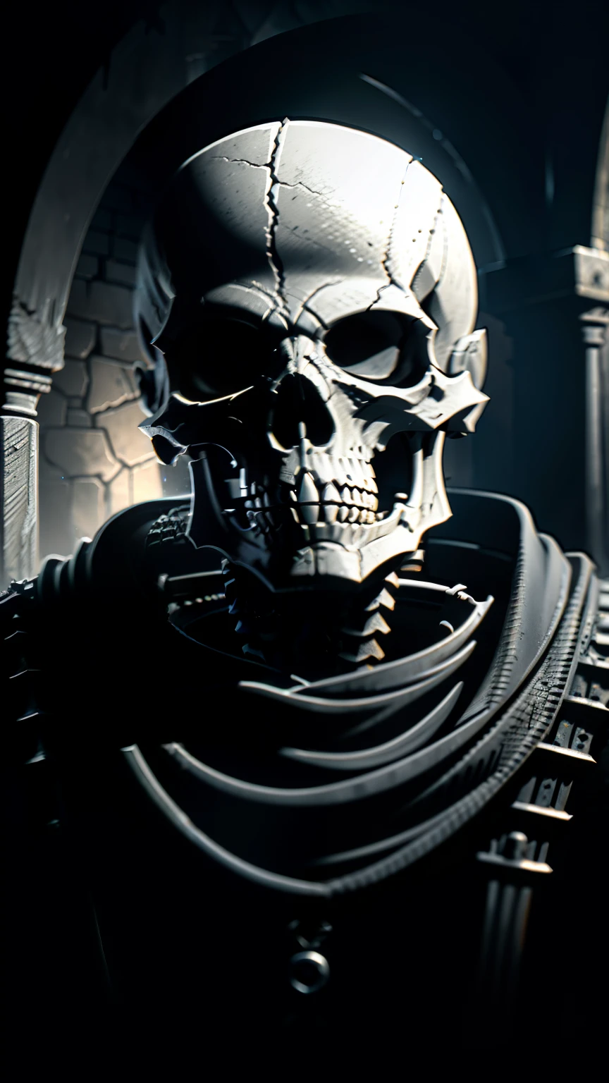 a dungeon skeleton, haunting ruins, ancient architectural details, medieval gothic, chiaroscuro lighting, moody atmosphere, dramatic shadows, gritty realism, dark fantasy, cinematic composition, intricate bone structure, glowing eyes, weathered and decaying, (best quality,4k,8k,highres,masterpiece:1.2),ultra-detailed,(realistic,photorealistic,photo-realistic:1.37),HDR,UHD,studio lighting,extreme detail description,vivid colors,dramatic lighting