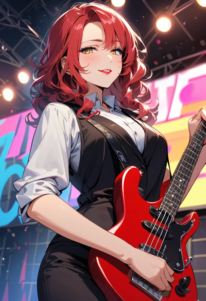 animate, real, 1 girl,30 years old,medium hair,((perm)),wavy hair,red hair,forehead,Voluminous curly hair,seductive smile,Light blue eyeshadow,red eyebrows,yellow eyes,tsurime,narrow eyes,half opend eyes,red lips,Confident expression,light smile,calm,black vest,white shirt,collared shirt,Unbutton the top button of shirt,black pants, BREAK standing,singing,play the red guitar,stage,The background features bold,colorful lettering and stage lights,capturing a lively,energetic performance