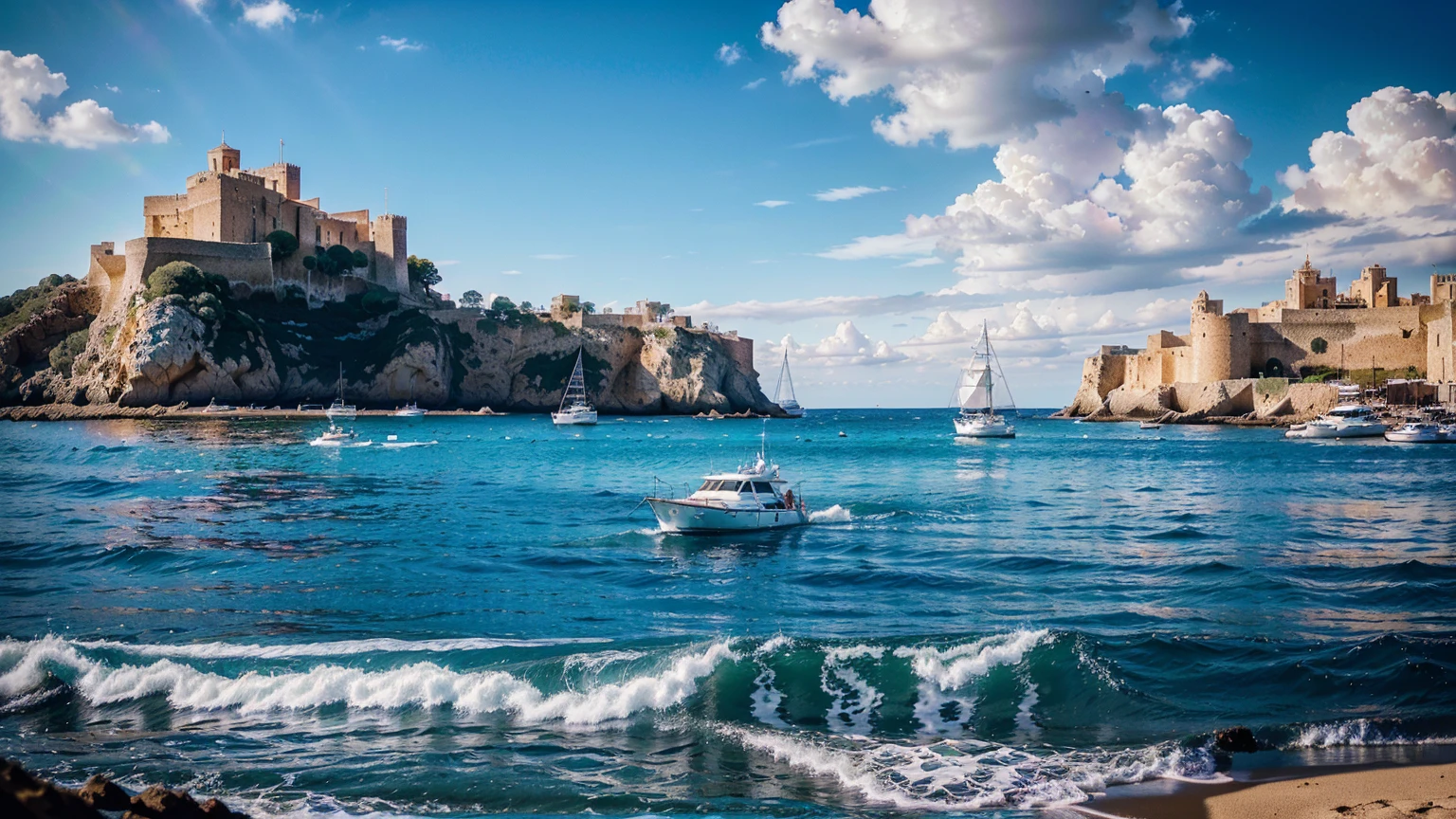 (Castell de Eivissa beach in Ibiza, Spain, background with water, yachts, boats, detailed architecture, people, vibrant atmosphere), (best quality,4k,8k,16k,Highest,masterpiece:1.2),(realistic,photorealistic,photo-realistic:1.37), (extremely detailed CG unit, 16k wallpaper), 16k UHD, 16k HDR, Fujifilm XT3 sharp focus, professional lighting, vivid colors, intricate details, film grain, Fujifilm XT3 realistic painting art, f5.6, physically-based rendering, natural lighting, cinematic lighting ,dramatic lighting, professional, dynamic movement, colorful lighting, vibrant colors, studio lighting, professional photography, cinematic composition, symmetrical framing, landscape,