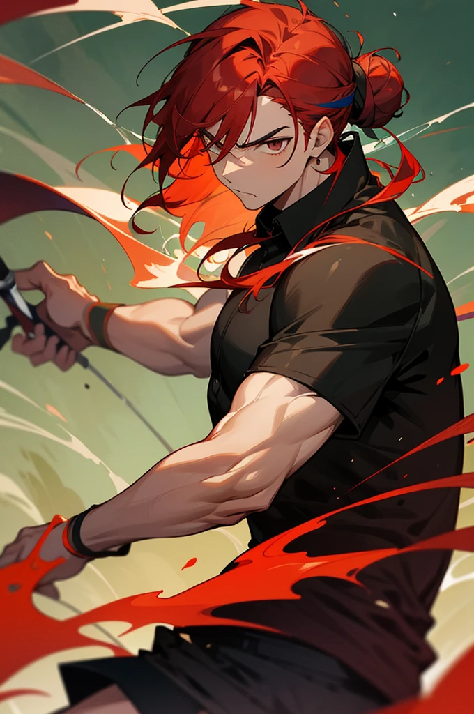 multi-color haired, two toned hair, young male, water in the background, surrounded by grass, lava background, black shirt, bangs covering head, long hair, red shorts, one male, lean build, upper body, serious face,muscular ,red hair, hair in bun, swords in background