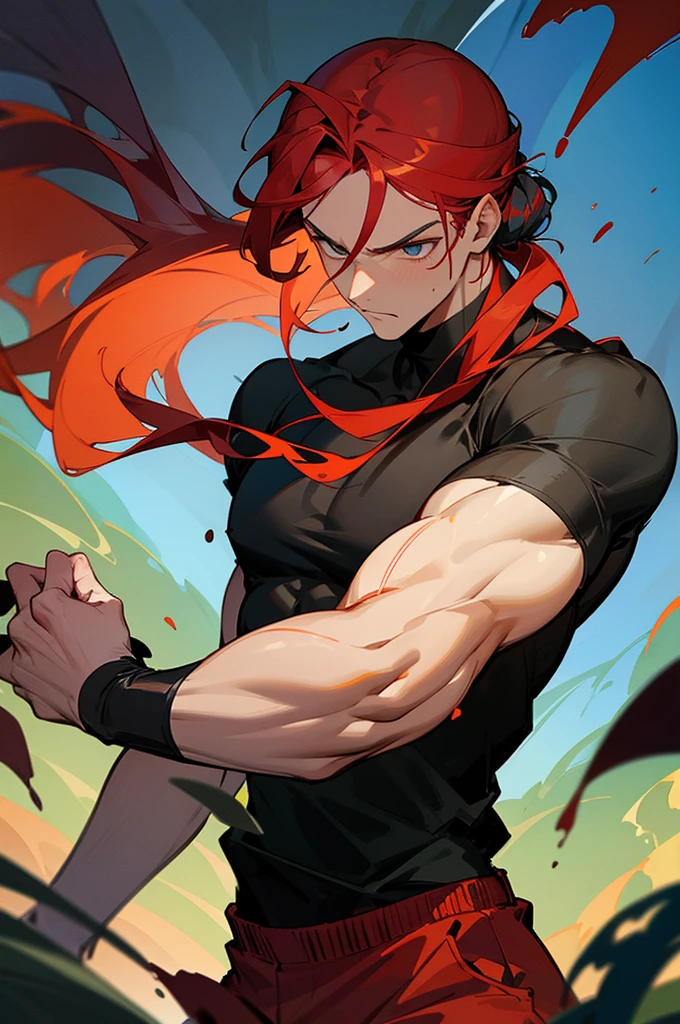 multi-color haired, two toned hair, young male, water in the background, surrounded by grass, lava background, black shirt, bangs covering head, long hair, red shorts, one male, lean build, upper body, serious face,muscular ,red hair, hair in bun, swords in background, arms in pockets