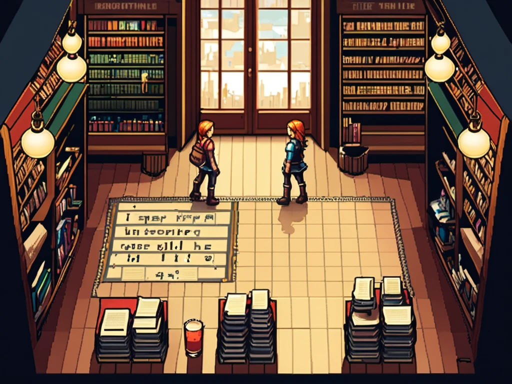 masterpiece, [thin outline],
BREAK,
inside the huge scale book store, indoor,
BREAK,
(RPG maker style top down view), pixel art