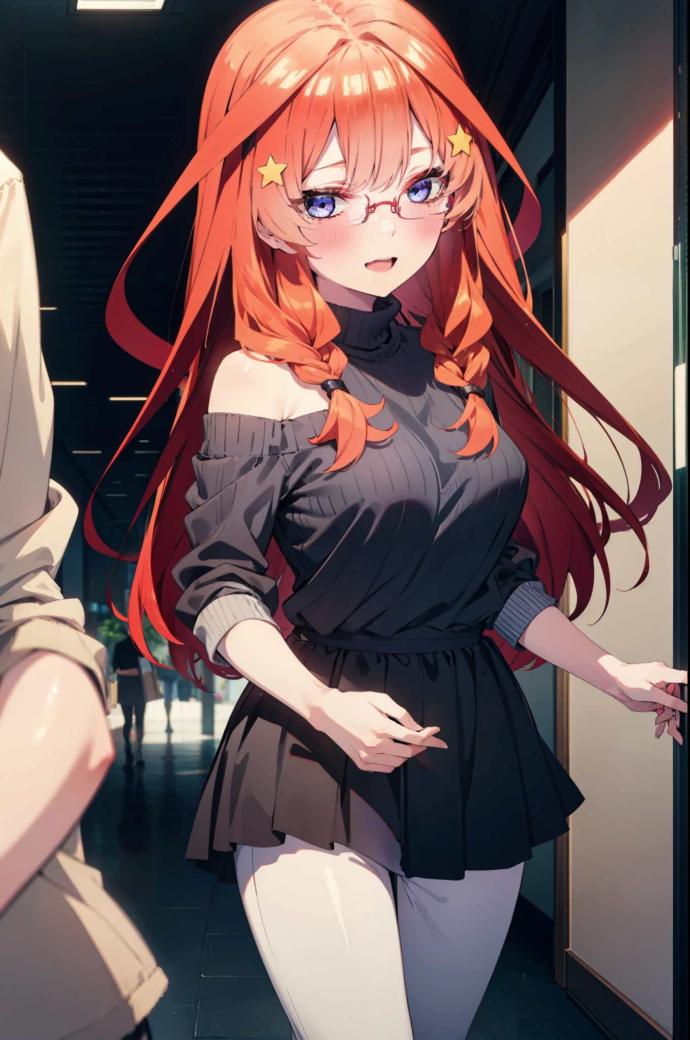 itsukinakano, Itsuki Nakano, bangs, blue eyes, Hair between the eyes, Ahoge, Redhead, star \(symbol\), hair ornaments, star hair ornaments,happy smile, smile, Open your mouth,blush,Akabuchi Glasses,Big Breasts,Long braids,One-shoulder sweater,Long skirt,Black pantyhose,short boots,Daytime,walking,whole bodyがイラストに入るように,crowd, people々々,
break indoors, Shopping mall,
break looking at viewer, whole body,
break (masterpiece:1.2), highest quality, High resolution, unity 8k wallpaper, (figure:0.8), (Beautiful fine details:1.6), Highly detailed face, Perfect lighting, Highly detailed CG, (Perfect hands, Perfect Anatomy),