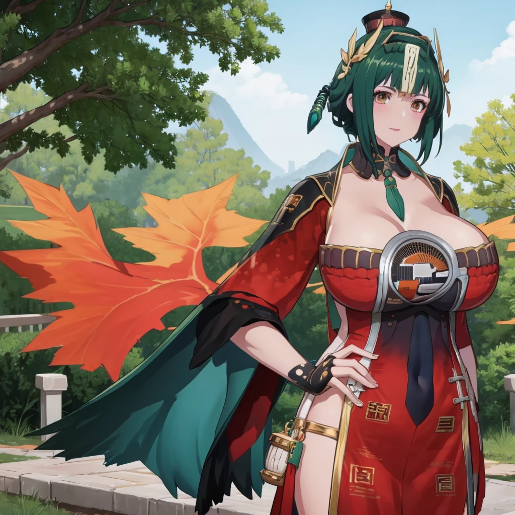 A woman wearing a green dress with white details, green hair, orange eyes, walking on a staircase from a high point of a large Chinese rocky mountain, some trees with orange autumn leaves, leaves falling mist in place, smiling.HDR, ultra resolution, well defined, masterpiece, 8K HD. (solo woman),.(solo woman),flower, UHD, masterpiece, accurate, anatomically correct, textured skin, super detail, high quality, best quality, 8k, high resolution, bokeh effect.
