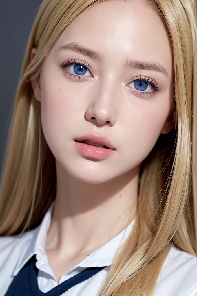 highest quality, masterpiece, Ultra-high resolution, (Realistic:1.4), RAW Photos, One girl, Blonde Hair, blue eyes,  Detailed eyes and face,uniform、JK