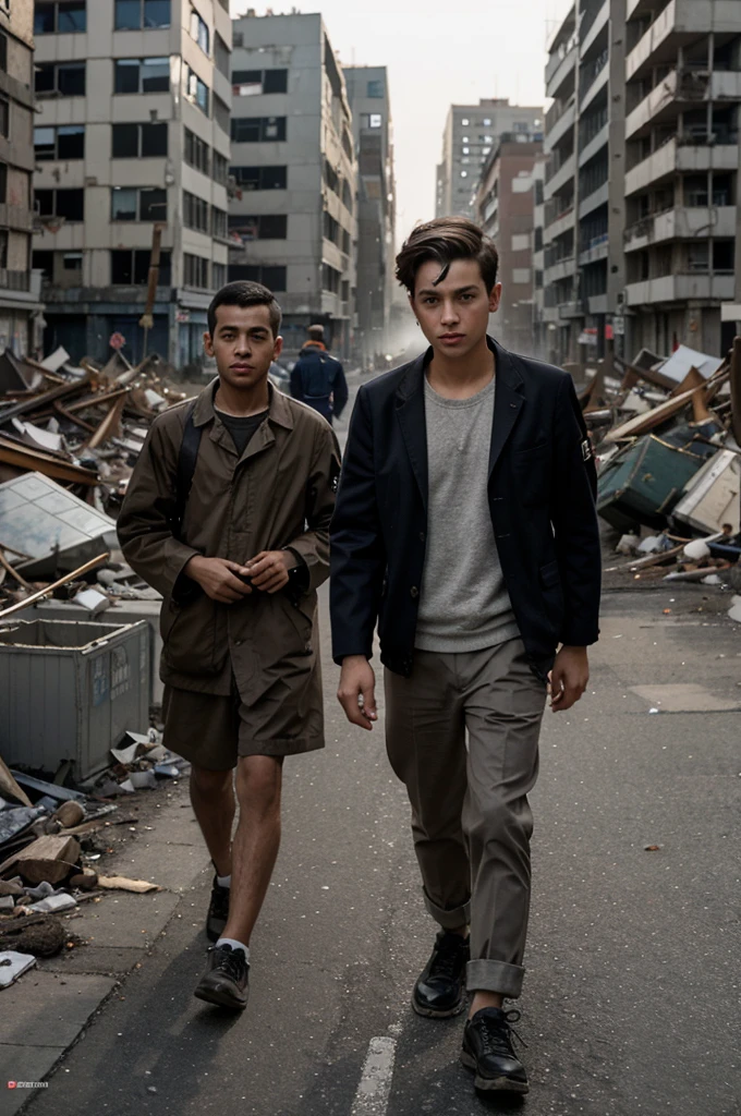 A boy wearing neat clothes and files in the city of demolition, post-war city background, smoke,