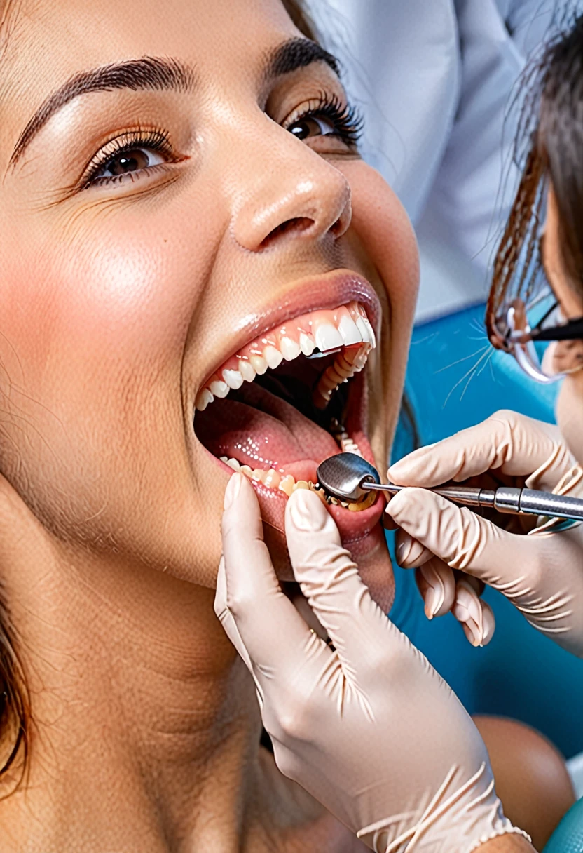 arafed woman getting her teeth checked by a dentist, Highly detailed back mouse, Drooling and baring teeth, Smaller mouth, Delicate jaws, Small chin, Underbite, Hinged jaw, dentist, The taste is simple and pleasant, Biomechanical open chewing mouth, Small and big smile, An unpleasant crooked smile, A kind smile, Open your mouth wide, Mouth details, Straight Joe