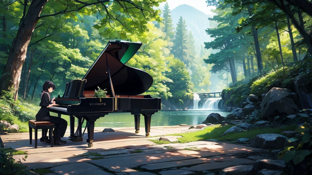 青い紅葉のwoodの下置かれた黒いグランドピアノ、wood々の間からwood漏れ日がキラキラしている、Makoto Shinkai-style anime touch、Deep green forest、1 grand piano