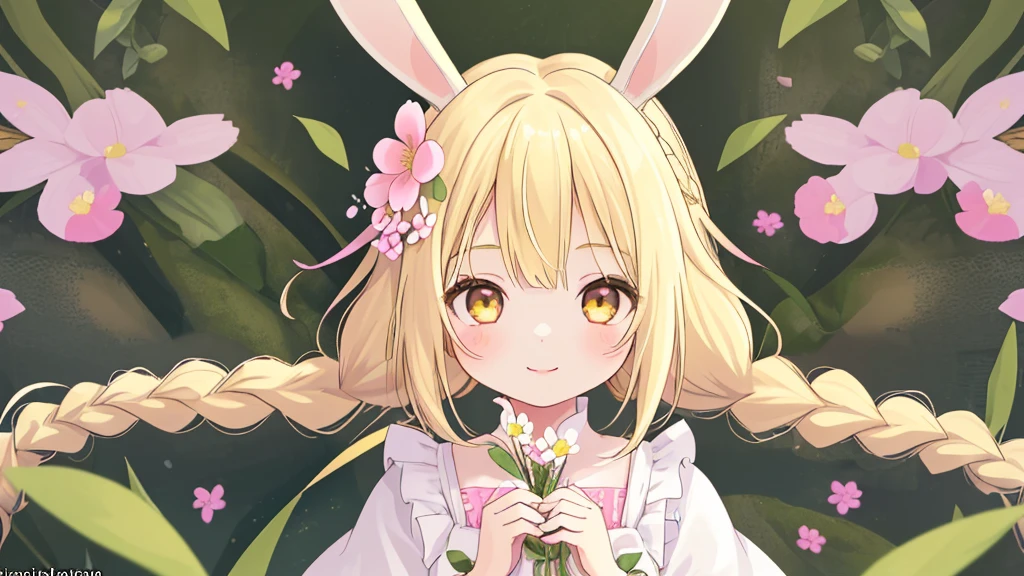 1 girl, alone, 's long hair, looking at viewer, standing apart, smile, bangs, blonde hair, hair ornament, holding, animal ears, light blonde eyes, upper body, braid, flower, hair flower , bunny ears, twin braids, lips, animal , watermark, rabbit, head crown, holding animal, flower crown