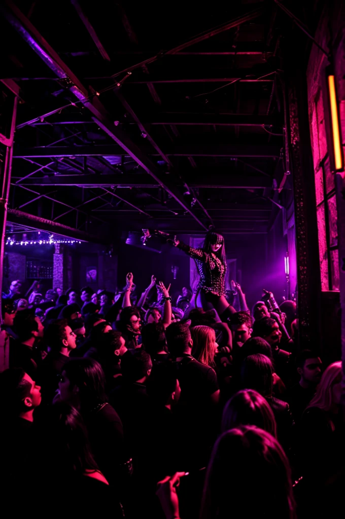 there is a man with long hair that is standing in front of a crowd, scene from a pub rock bar, goblins partying at a rave, ecstatic crowd, crowd cheers him, enthusiastic crowd, crowd of cool people dancing, glam rock, glam night, everybody singing together, the man standing in front o fa crowd have long hairs black gloves with microphone