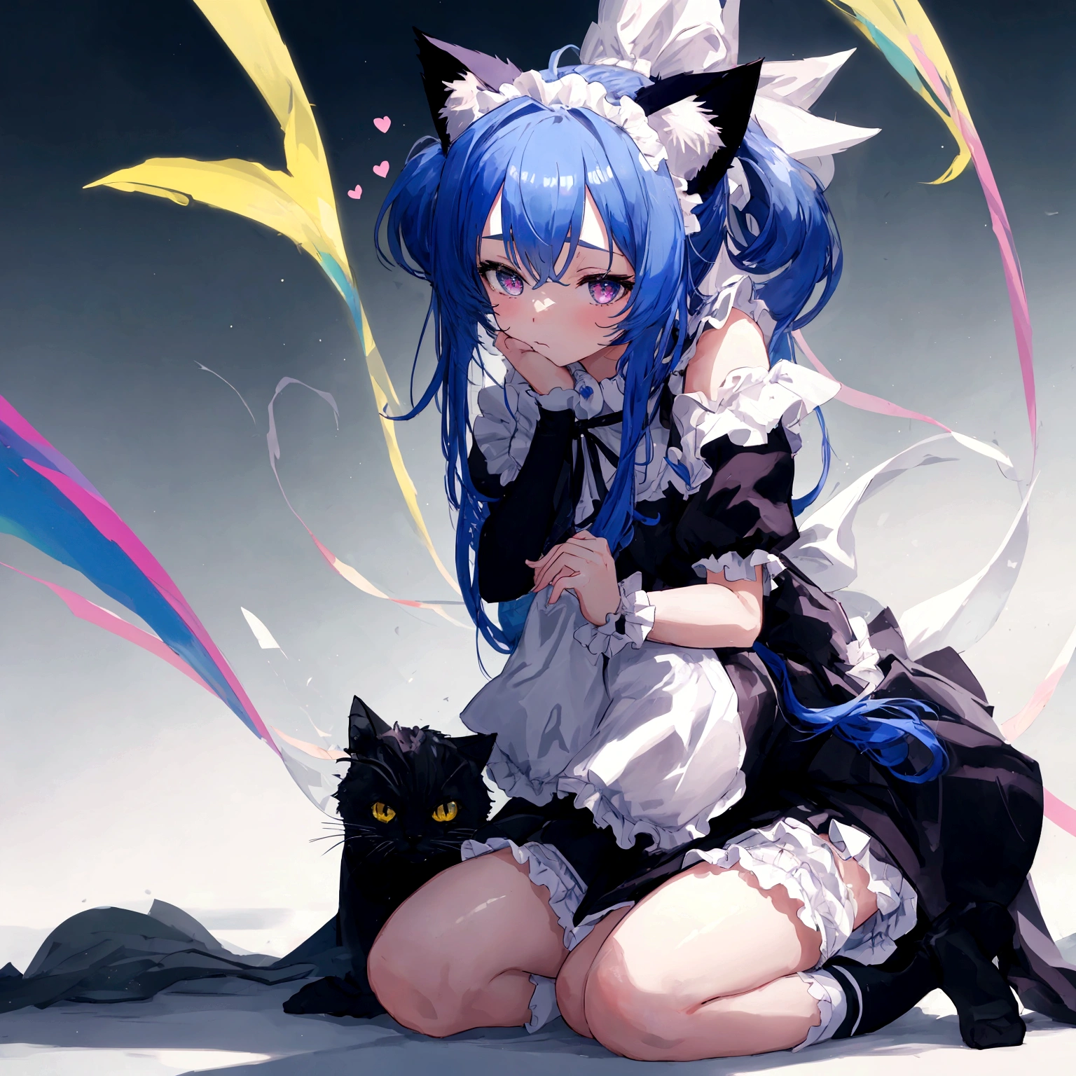 Girl,Cat ear,Tail,Blue long hair,Kneeling,Lean forward,shy,Heart-shaped pupil,Grass background,Maid costume,masterpiece,Ultra-clear,8K,Ultra Detail