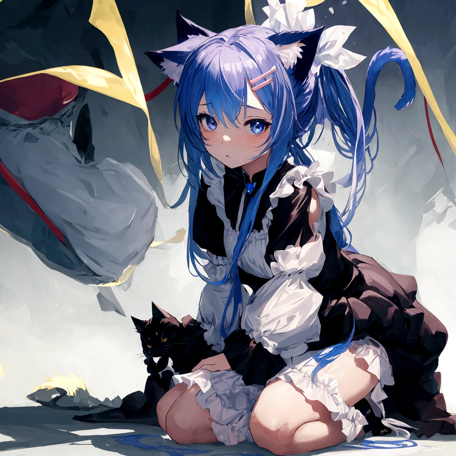 Girl，Cat ear，Tail，Blue long hair，Kneeling，Lean forward，shy，Heart-shaped pupil，Grass background，Maid costume，masterpiece，Ultra-clear，8K，Ultra Detail