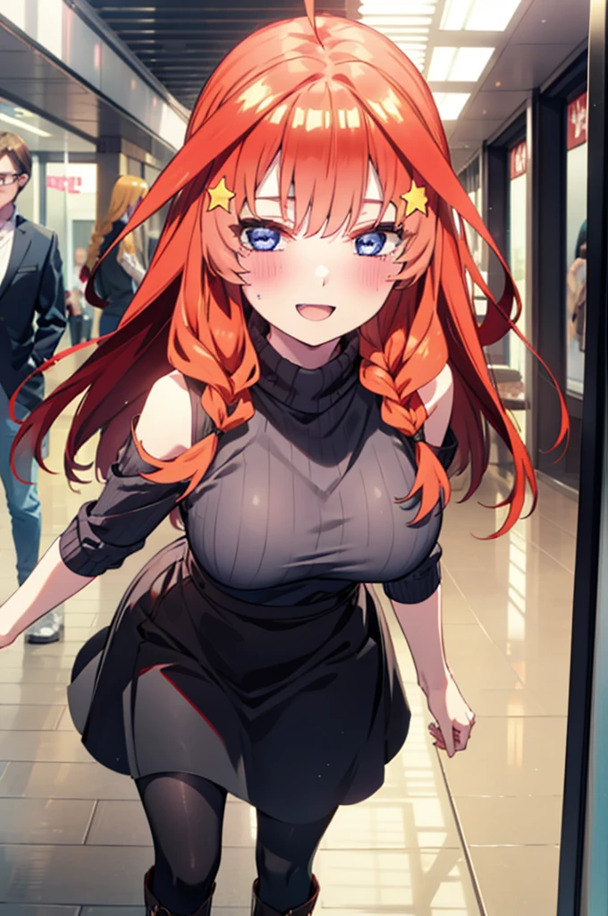 itsukinakano, Itsuki Nakano, bangs, blue eyes, Hair between the eyes, Ahoge, Redhead, star \(symbol\), hair ornaments, star hair ornaments,happy smile, smile, Open your mouth,blush,Akabuchi Glasses,Big Breasts,Long braids,One-shoulder sweater,Long skirt,Black pantyhose,short boots,Daytime,walking,whole bodyがイラストに入るように,crowd, people々々,
break indoors, Shopping mall,
break looking at viewer, whole body,
break (masterpiece:1.2), highest quality, High resolution, unity 8k wallpaper, (figure:0.8), (Beautiful fine details:1.6), Highly detailed face, Perfect lighting, Highly detailed CG, (Perfect hands, Perfect Anatomy),