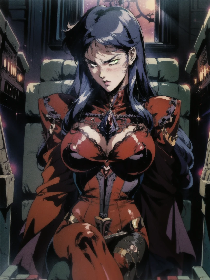 ((((((retro anime)))) of a gothic vampire piloting a gothic ruby mech)), (from below), close-up, (fisheye), ((gothic (control panels) everywhere)), ((mature)), ((vampiric)), (iridescent bodysuit), lace accessories, dark big lips, ((baroque pilot seat)), ((leaning back sitting pose)), ((elegant)), (((serious tone))), futuristic, top spacecraft control panel, ((dark place)), ((low-light)), intricate control panel details, 1990s (style), [blushing], sweat, masterpiece, claustrophobic, sparkles, red aura, limited colors