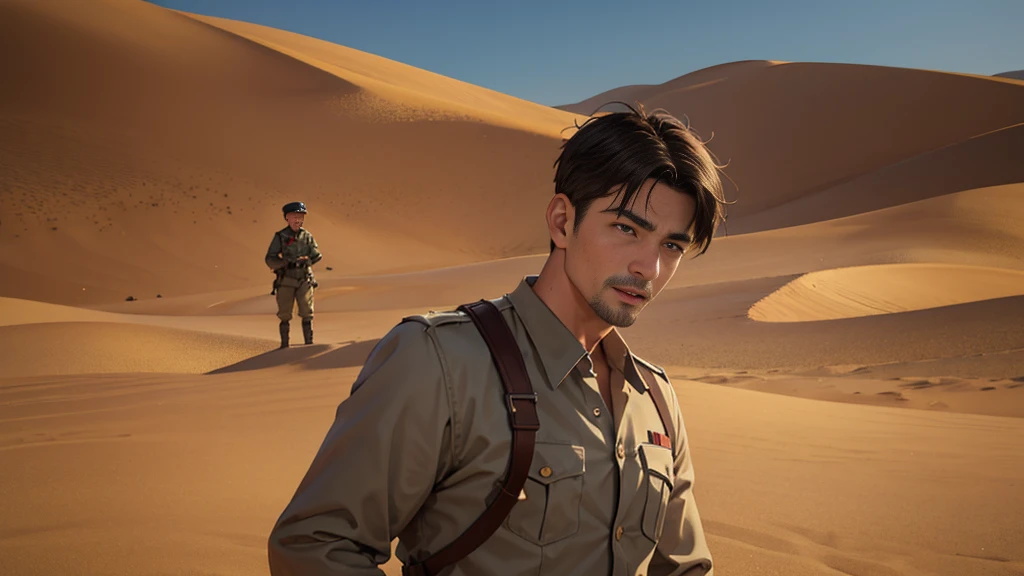 Portrait of a man in his 40s、standing、 Half-dead soldier, mouth open, talking、Long body、 、desert background、