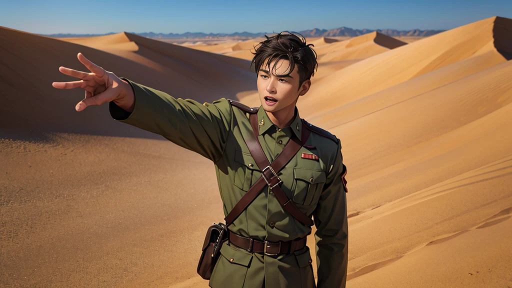 Portrait of a man in his 40s、standing、 Half-dead soldier, mouth open, talking、Long body、 、desert background、