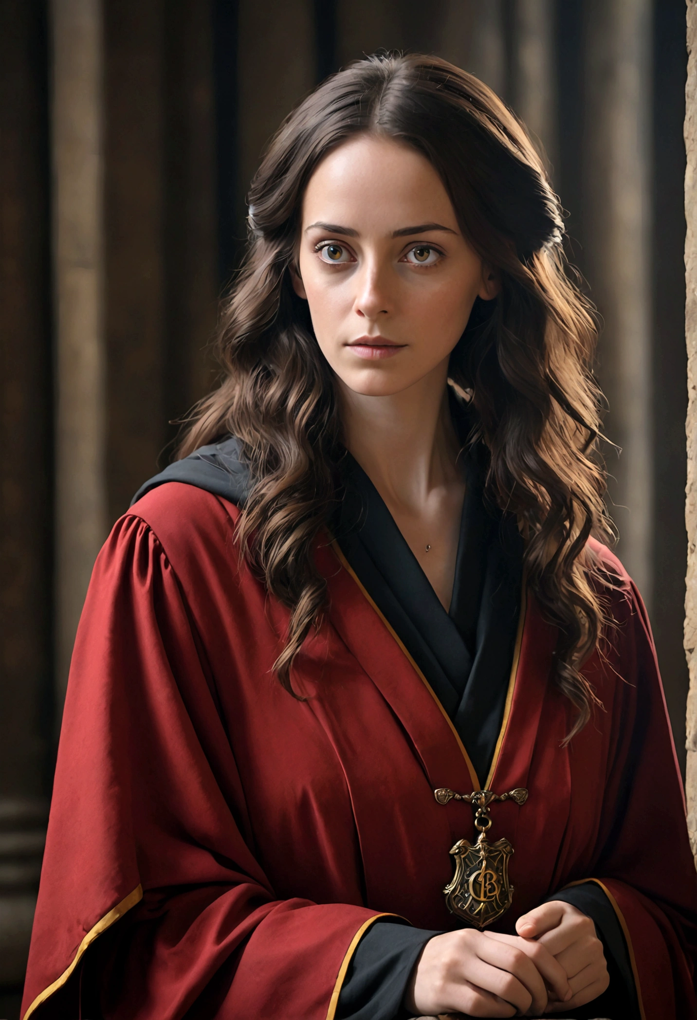 ((medium close-up))),1girl in,8K, Raw photography, top-quality, masterpiece, realisitic,Robes,wearing black wizard robes, magic , looks like an aged 29 Kaya Scodelario, aged 34, wearing robes and neckties, hogwarts style, wearing red sorcerer's robes, High quality clothing, (Canon EOS 5D Mark IV Camera, Famous for capturing vibrant colors and rich textures:1.2)