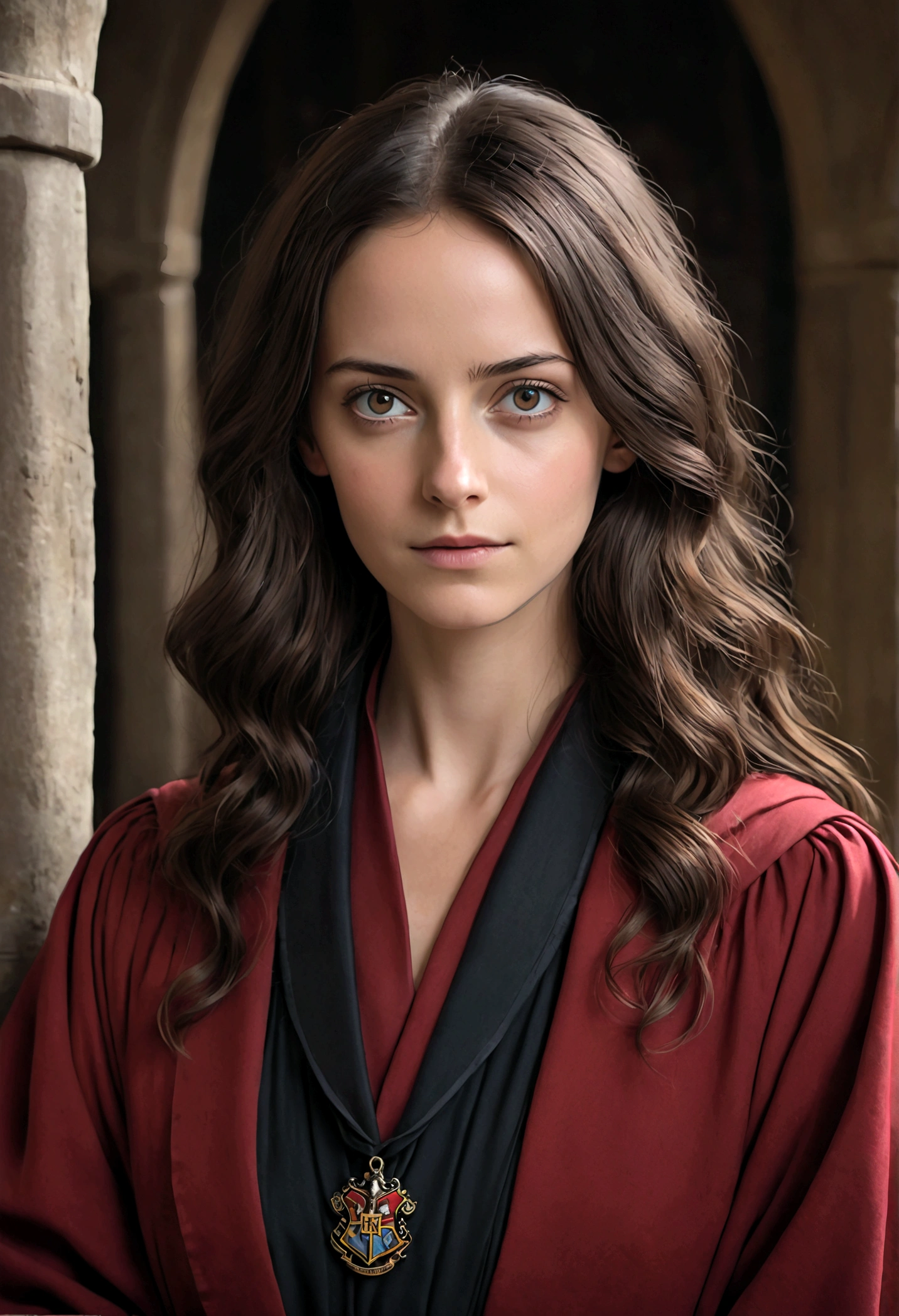 ((medium close-up))),1girl in,8K, Raw photography, top-quality, ​masterpiece, realisitic,Robes,wearing black wizard robes, magic , looks like an aged 29 Kaya Scodelario, aged 34, wearing robes and neckties, hogwarts style, wearing red sorcerer's robes, High quality clothing, (Canon EOS 5D Mark IV Camera, Famous for capturing vibrant colors and rich textures:1.2)
