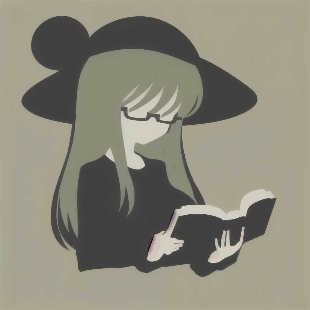 Anime Minimalist, One Girl, alone,Green Hair, Brown background, hair ornaments, librarian,Glasses,Have,Witch Hat,(Turned to the side:1.5),(Reading a book:1.3),(Big Breasts.1.7),(Huge breasts:1.1)