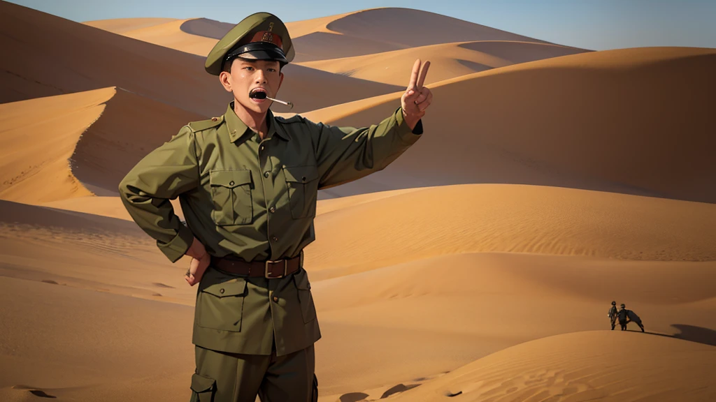 Portrait of a man in his 40s、standing、 Half-dead soldier, mouth open, talking、Long body、 、desert background、