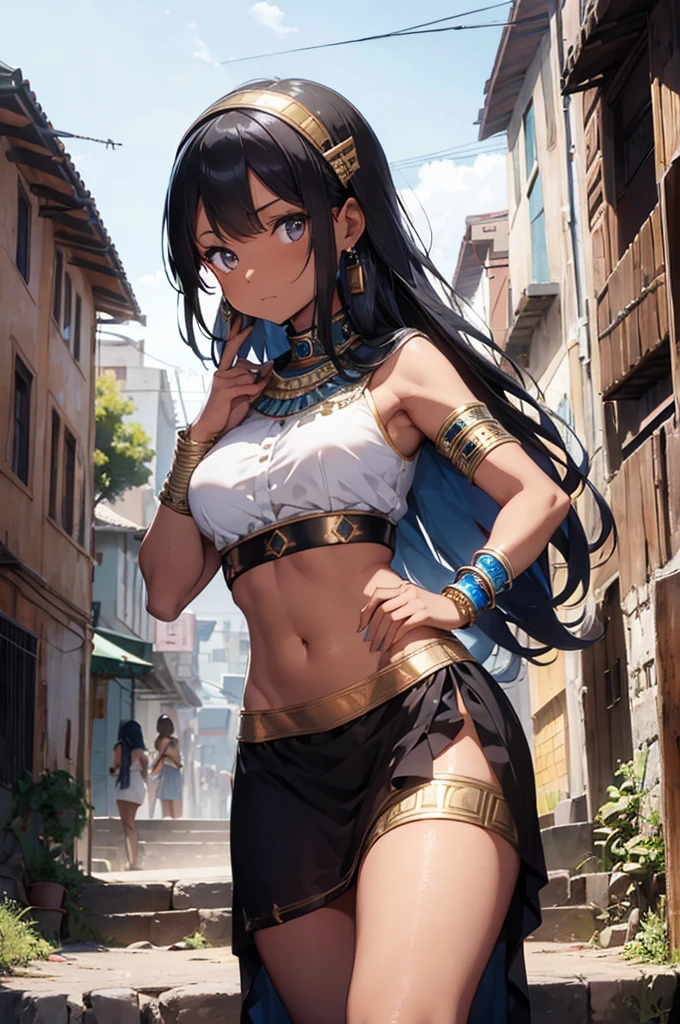 a woman in a traditional egyptian outfit and blue jewelry standing on some steps, 1girl, jewelry, solo, dark-skinned female, navel, dark skin, long hair, armlet, hand on hip, earrings, midriff, black hair, bracelet, breasts, skirt