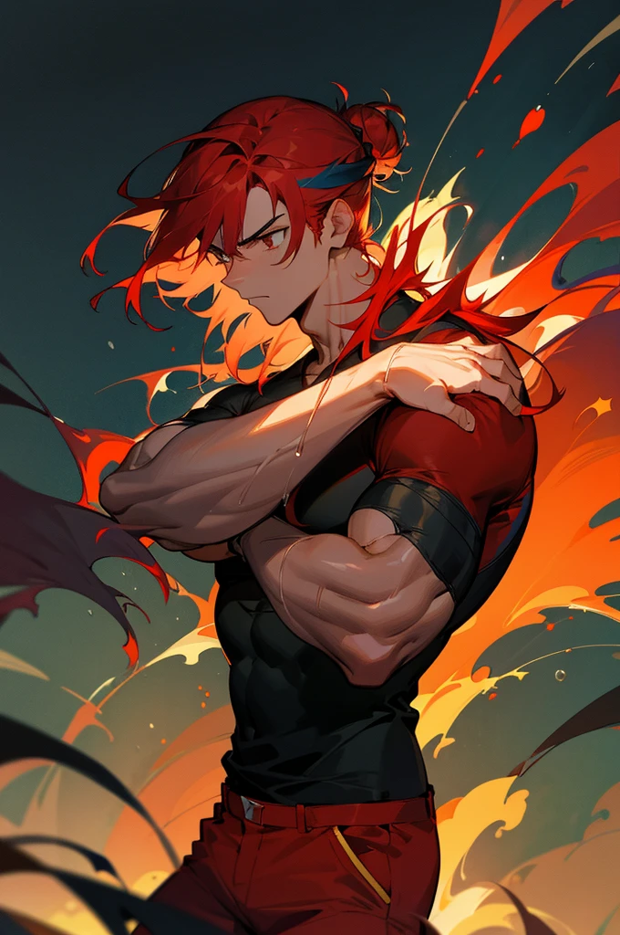 multi-color haired, two toned hair, young male, water in the background, surrounded by grass, lava background, black shirt, bangs covering head, long hair, red shorts, one male, lean build, upper body, serious face,muscular ,red hair, hair in bun, swords in background, arms in pockets
