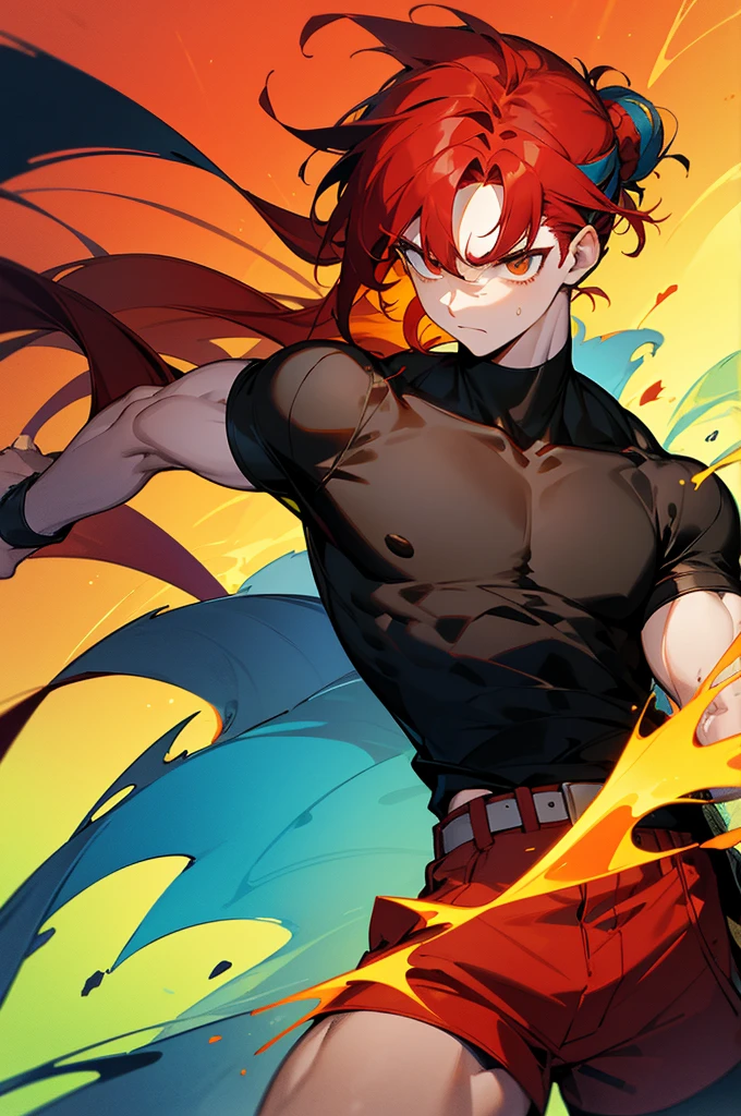 multi-color haired, two toned hair, young male, water in the background, surrounded by grass, lava background, black shirt, bangs covering head, long hair, red shorts, one male, lean build, upper body, serious face,muscular ,red hair, hair in bun, swords in background, arms in pockets
