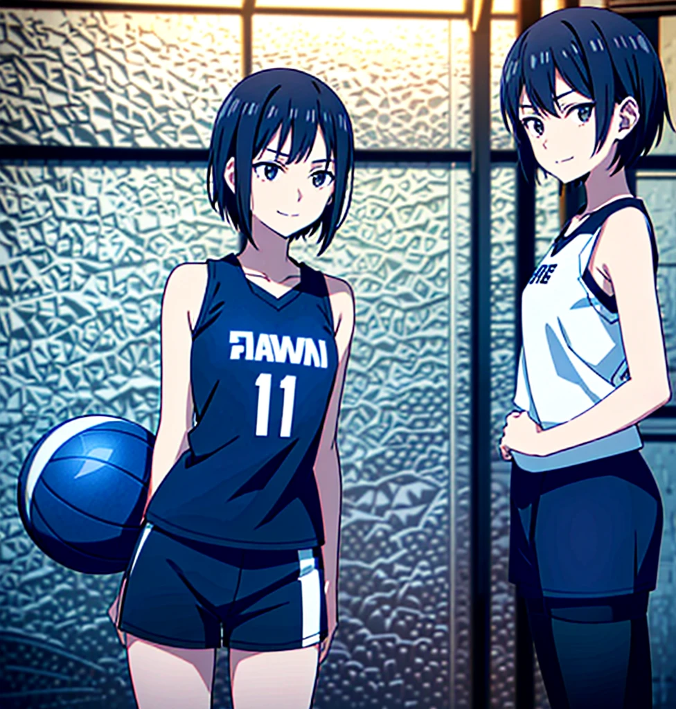 17-year-old girl, very dark black hair. She has a short hair, at shoulder height. It doesn't have bangs. Pale skin. She puts a small smile on her face and wears a volleyball uniform. The uniform is navy blue and black. He's wearing shorts, the uniform tank top and volleyball leggings. Haikyuu!!