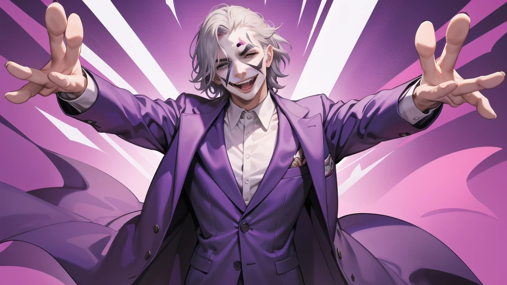Portrait of a man in his 40s、standing、silver hair、the joker、purple dress , smile open mouth , Long body、 、desert background、