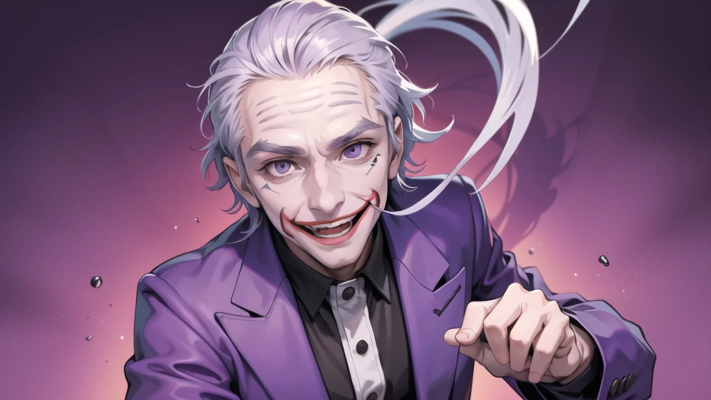 Portrait of a man in his 40s、standing、silver hair、the joker、purple dress , smile open mouth , Long body、 、desert background、