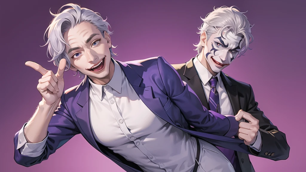 Portrait of a man in his 40s、standing、silver hair、the joker、purple dress , smile open mouth , Long body、 、desert background、