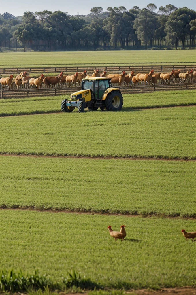  2 logos para una secundaria agrotecnica con ovejas , cabras, gallinas, conejos , un tractor y trabajadores arando un campo de cultivo