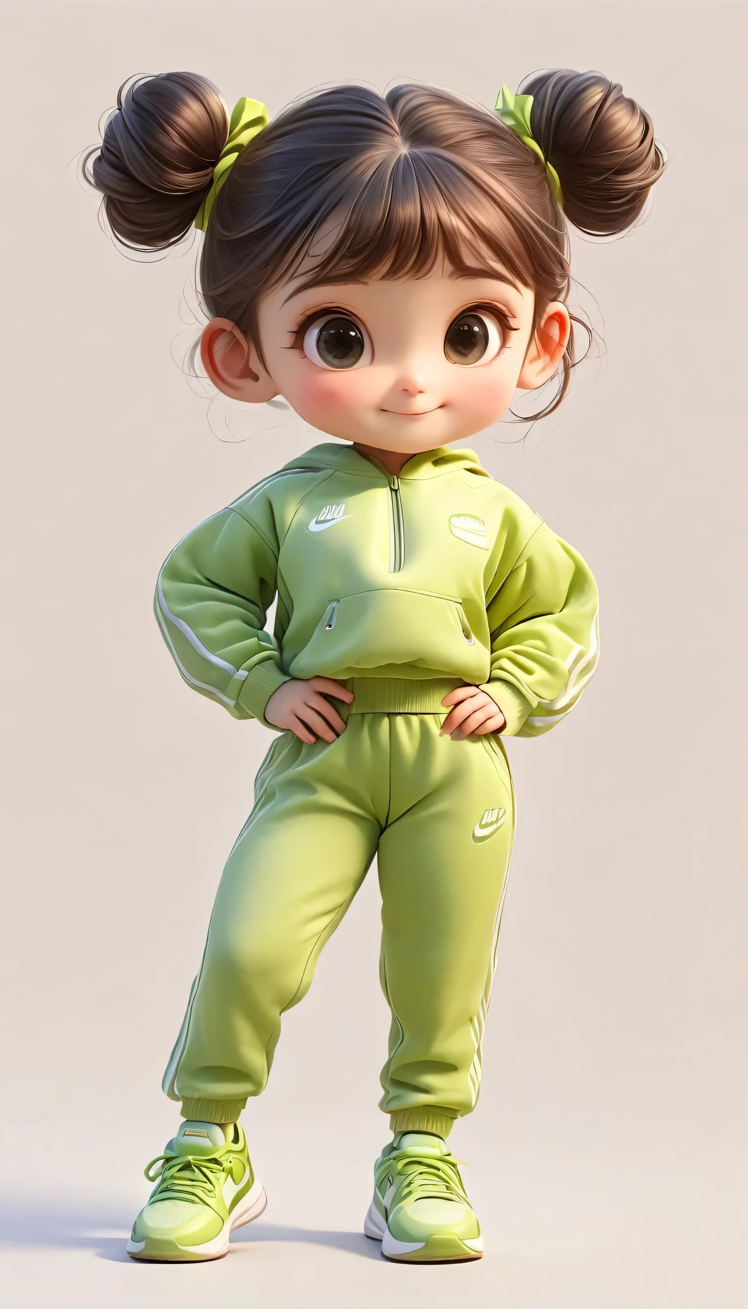 3D，1 girl，Smile，Hands on hips，Sportswear Set，Cartoon Style，Front standing posture ，For the audience，Full body portrait