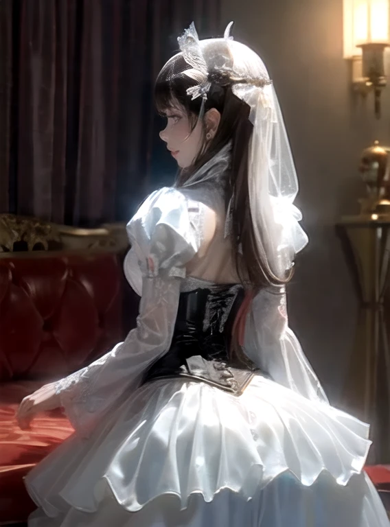 (highest quality,4k,8k,High resolution,masterpiece:1.2),super detailed,(realistic,photorealistic,photo-realistic:1.37),Aerith FF7, 1 girl, alone, long hair, chest, looking at the viewer, large chest, brown hair, black dress, bow, ribbon, jewelry, medium chest, green eyes, hair ribbon, Braid, flower, short sleeve, hair bow, side lock, parted lips, open clothes, bracelet, From the side, open , lips, Depth of the bounds written, white flower, black dress, full body shot, longlegs, black platform high heels sandals, Braided ponytail, realistic, nose, dappled sunlight, leaning forward,full body shot, with closed eyes, closed mouth, With hands folded in a prayer pose、Inside the church, Inside the chapel, stained glass window, The composition is bathed in light from the ceiling.