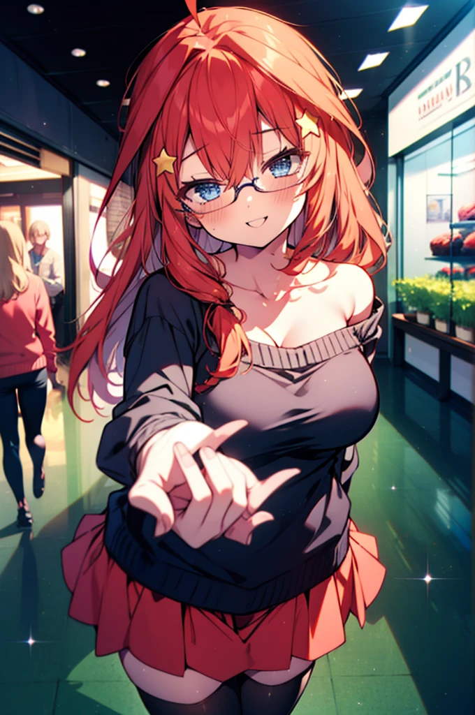 itsukinakano, Itsuki Nakano, bangs, blue eyes, Hair between the eyes, Ahoge, Redhead, star \(symbol\), hair ornaments, star hair ornaments,happy smile, smile, Open your mouth,blush,Akabuchi Glasses,Big Breasts,Long braids,One-shoulder sweater,Long skirt,Black pantyhose,short boots,Daytime,walking,whole bodyがイラストに入るように,crowd, people々々,
break indoors, Shopping mall,
break looking at viewer, whole body,(Cowboy Shot:1. 5) ,
break (masterpiece:1.2), highest quality, High resolution, unity 8k wallpaper, (figure:0.8), (Beautiful fine details:1.6), Highly detailed face, Perfect lighting, Highly detailed CG, (Perfect hands, Perfect Anatomy),