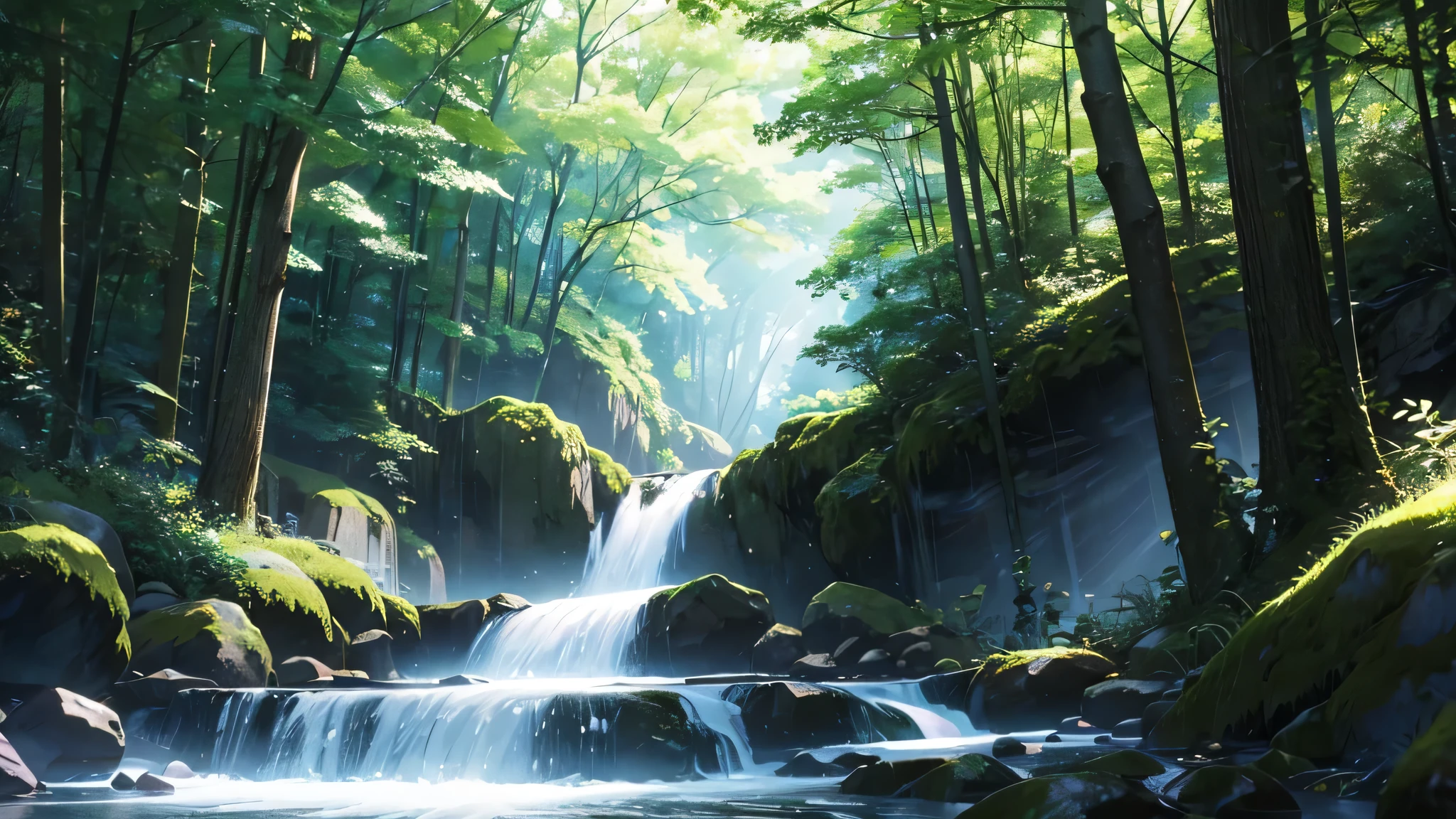 A black grand piano placed under blue maple leaves、wood々The sunlight filtering through the wood sparkles.、Makoto Shinkai-style anime touch、Deep green forest、1 grand piano