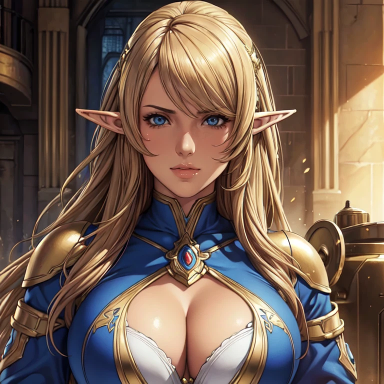 (highest quality,Super detailed,Realistic:1.37),Beautiful Elf Girl,Detailed face and eyes,Busty women,whole body,Gold Armor,Vibrant colors,Realistic lighting,Background with large machinery,Sci-Fi Style