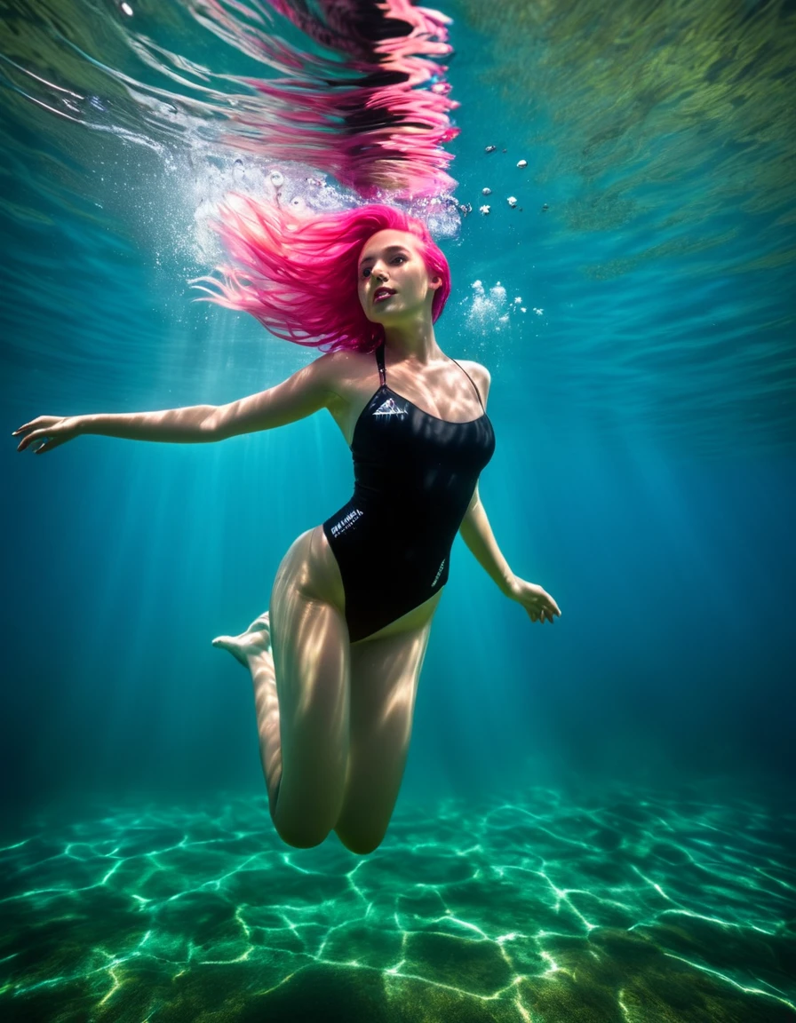 beautiful woman with long pink hair, in a balck bikini swimming under water, swimming underwater, Swimming underwater, swimming underwater, underwater light rays, subaquatic photography, floating underwater in a lake, floating under the water, underwater glow, deep underwater, Nadar no Oceano, underwater, underwater photo, swimming to surface, incredible depth, Underwater perspective, underwater looking up, luz de , filmic grain, Fujifilm XT3, (Rosto alto e detalhado:1.1), (tons suaves:1.25), (HDR:1.25), (art-station:1.2), (detalhes intrincados:1.14), (hyperrealistic 3 d render:1.16), (filmic:0.55), (Rutkowski:1.1),
