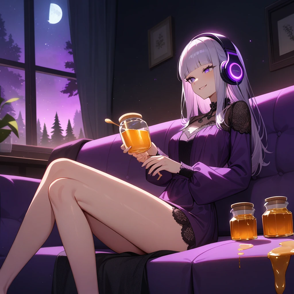 (masterpiece),(best quality),very aesthetic,(ultra-detailed),(illustration),(degenerate),very aesthetic,nsfw,1girl,16yo,slender,long hair,silver hair,straight hair,(blunt bangs),dark blue alluring eyes,comfortable,(Purple shining headphones,listening to music with headphones),smirk,singing,An elegant and sophisticated outfit perfect for a party, featuring a purple velvet dress with green lace accents,long sleeves,bare legs,honey,Honey Dipper,Jar of honey,looking at jar of honey,ecstasy,happy,inroom,couch,reclining,on couch,night sky,Lascivious atmosphere,fantastic atmosphere,moonlight,Moonlight through the window,forest landscape,backlighting,(darkness room),Lace curtains flutter in the wind,Toxic green colored lace panties,Old furnishings,dusty room,cowboy shot