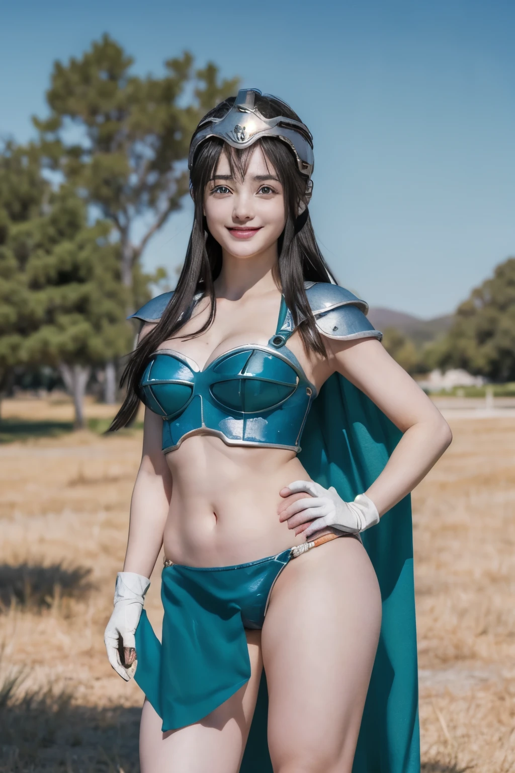 Chichi from dragon ball, masterpiece, best quality, highres,  (finely detailed beautiful eyes and detailed face), (face through thigh: 1.4),  solo, lady, (beautiful background), dynamic angle, blue eyes, light face, sunlight, (bright face: 1.2), very wide hips, very thick thighs, (full body shot),   long hair, helmet, pink headwear, black eyes, medium breasts, shoulder armor, bikini armor, green cape, pink gloves, navel, groin, standing, cowboy shot, outdoors, smile, open mouth, looking at viewer, hand on hip , show nipples, show vagina, spread legs.