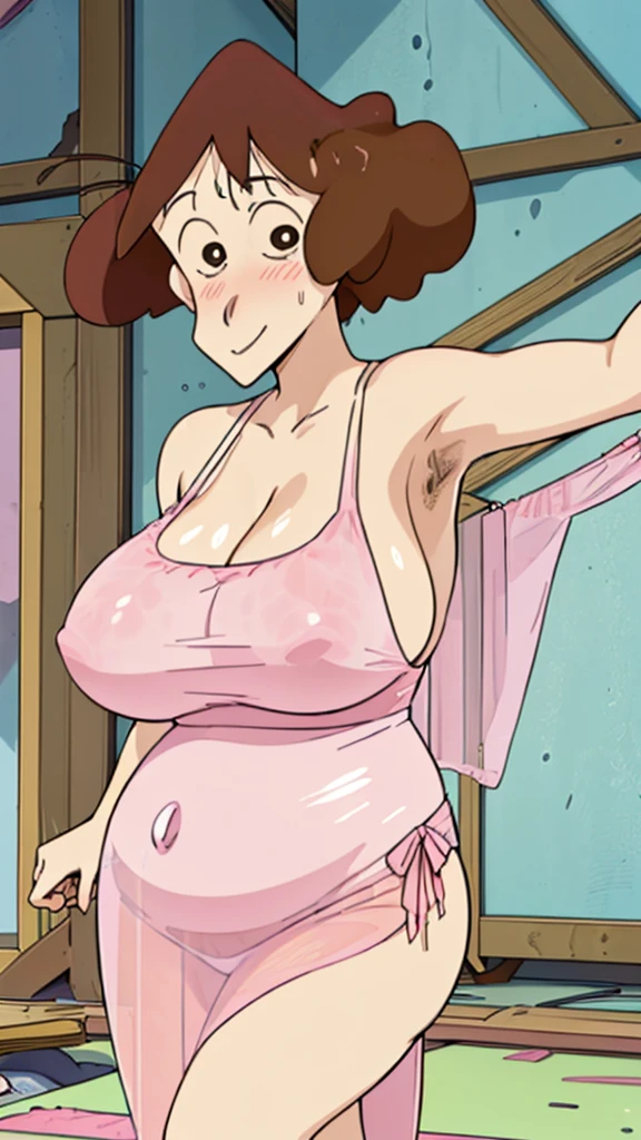 Misae Nohara,(Mature Woman:1.8),(Absurd, 8k, 4K, Tabletop, Extremely detailed:1.2), highest quality, Perfect Anatomy,Perfect Face,Look forward,High humidity,(Sweaty:1.3),(Huge breasts:1.7),(Pink sheer nightgown:1.5),(Wet:1.4),Sitting on the floor,(In an abandoned house:1.5),(Tattered walls:1.3), (Dirty floor:1.3),(alone:1.5), (Brown eyes:1.2), (Clothing is revealing:1.2), Exposed shoulders, Torn clothes, Are pregnant, Firm breasts, Upturned nipples, Showing cleavage, Mole on chest, (Thick armpit hair:1.4), (blush:1.2), A kind smile, relief, peace of mind, (maternal:1.3), (Gentle look:1.5), Smiling face