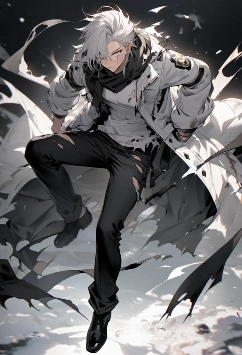 - **Gender**: Male
Physique:V-Taper
#### Appearance
- **Hair**: Black
- **Scarf**: Ragged, worn around the neck, possibly torn at the edges
- **Clothing**:
- **Top**: Black and white jacket over a black and white shirt with a design
- **Bottom**: Black pants and Black Shoes
- **Distinguishing Feature**: A prominent scar on the face
**Ultimate Form**: Aether Ascend
**Ascend Details**: Wears a half mask covering part of his face, emanating a soft glow indicating mastery over Aether.