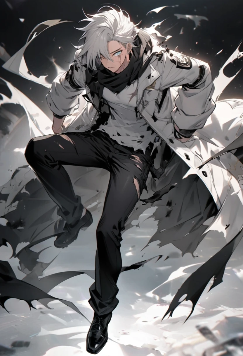 
- **Gender**: Male
Physique:V-Taper
#### Appearance
- **Hair**: Black
- **Scarf**: Ragged, worn around the neck, possibly torn at the edges
- **Clothing**:
  - **Top**: Black and white jacket over a black and white shirt with a design
  - **Bottom**: Black pants and Black Shoes 
- **Distinguishing Feature**: A prominent scar on the face
**Ultimate Form**: Aether Ascend

**Ascend Details**: Wears a half mask covering part of his face, emanating a soft glow indicating mastery over Aether.
