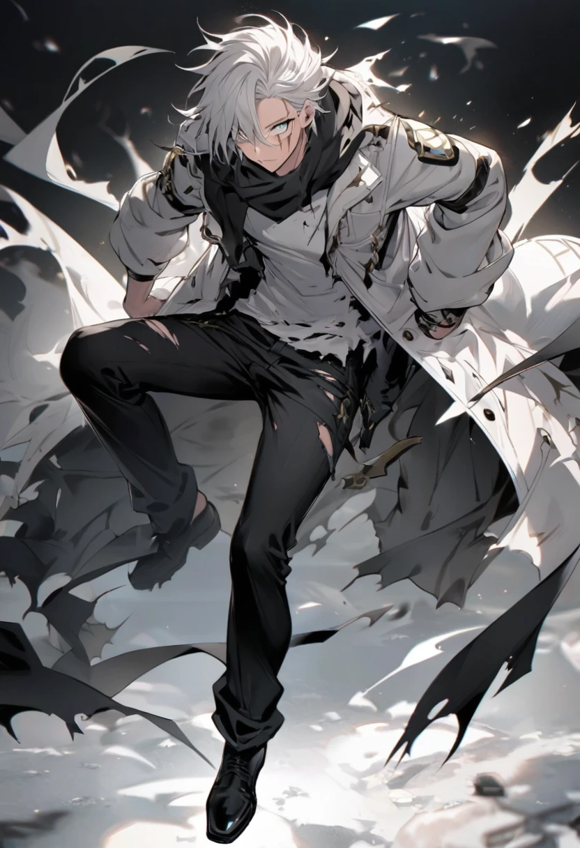 - **Gender**: Male
Physique:V-Taper
#### Appearance
- **Hair**: Black
- **Scarf**: Ragged, worn around the neck, possibly torn at the edges
- **Clothing**:
- **Top**: Black and white jacket over a black and white shirt with a design
- **Bottom**: Black pants and Black Shoes
- **Distinguishing Feature**: A prominent scar on the face
**Ultimate Form**: Aether Ascend
**Ascend Details**: Wears a half mask covering part of his face, emanating a soft glow indicating mastery over Aether.