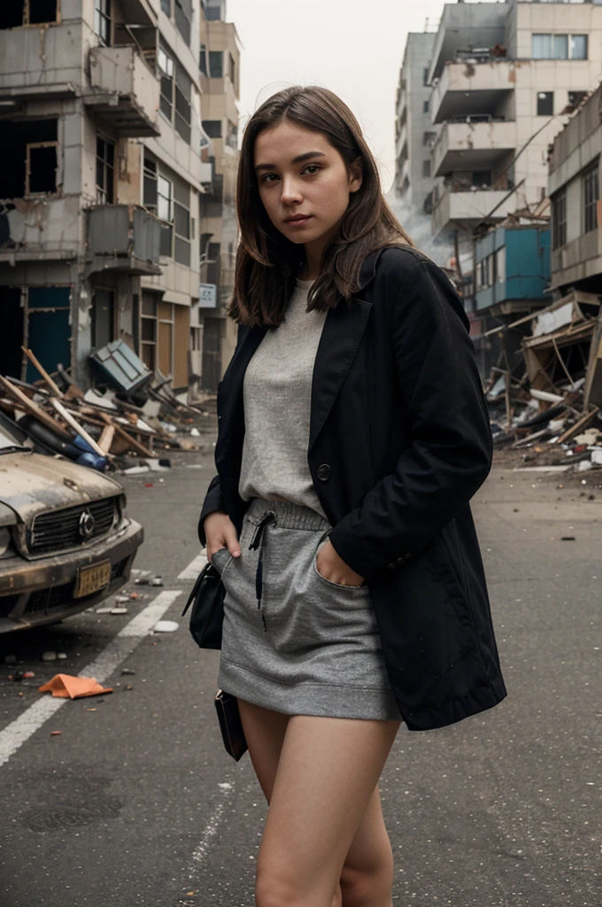 A girl wearing neat clothes and files in the city of demolition, post-war city background, smoke,  