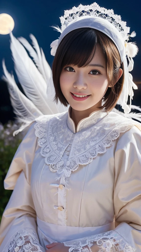 (A Ultra cute young Japanese pope:1.75), (She has clown:1.75),(she wearing a decorated with feathers and lace pope costume slim fit:2.0),(beautiful detailed eyes:2.0),beautiful detailed lips, (extremely detailed cute face:2.0), longeyelashes, (slender woman body:2.0), (beautiful short hair:2.0), (natural makeup,big smile:1.5), incredibly beautiful skin,(professional lighting, bright lighting, photorealistic, 8k, high resolution, best quality, masterpiece, ultra-detailed:1.75), vivid colors, (Moonlit Night:1.5),(The moonlight shines on her face:1.2)